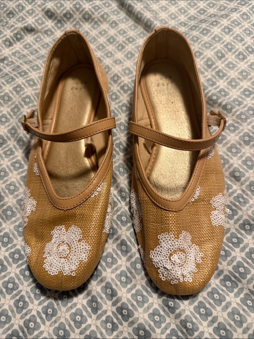 A New Day tan Mary Jane flats with sequined flowers